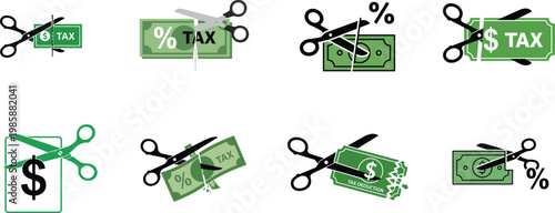 Visual representation of cutting taxes and financial elements with scissors