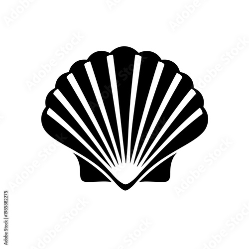 Black silhouette of an open scallop shell on white background