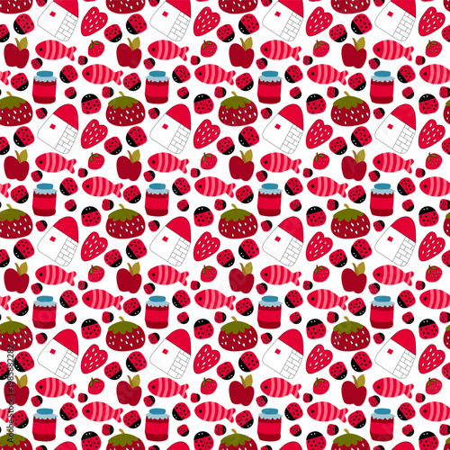 Vector seamless pattern with strawberries and raspberries on a white isolated background.