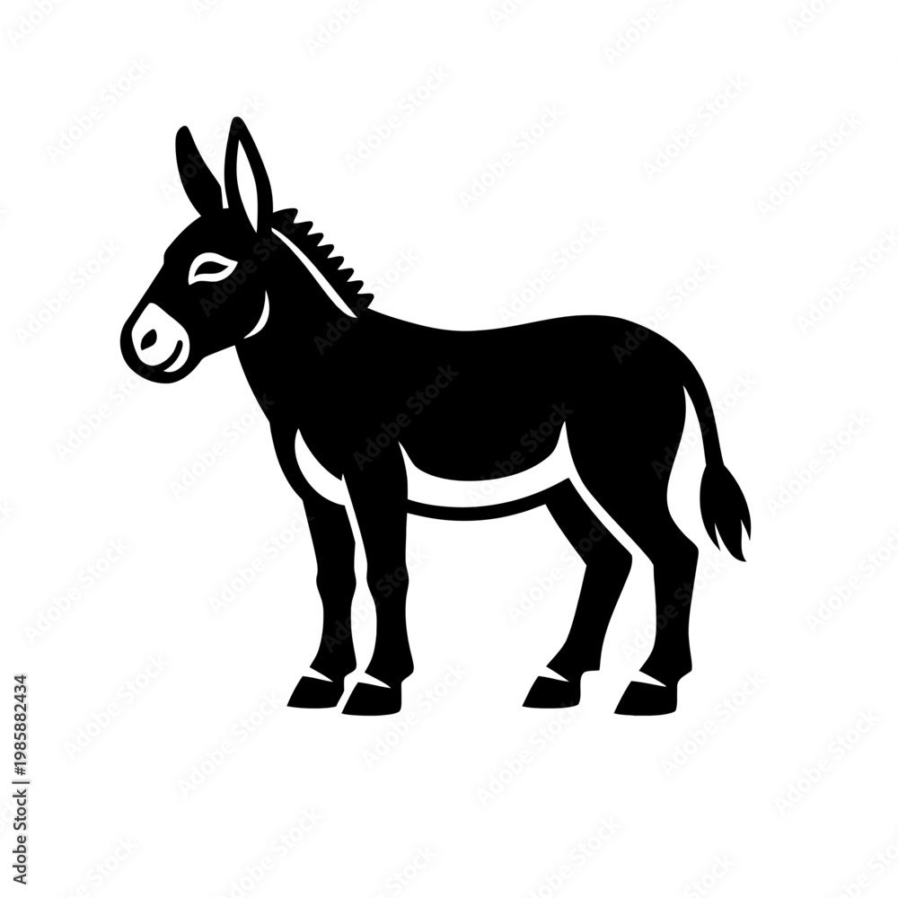 Fototapeta premium Black silhouette of a standing donkey on a white background, simple animal illustration