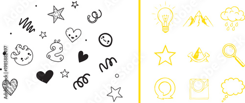 Hand drawn doodle set with black and yellow icons for creative design projects