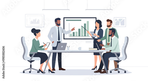A team of diverse professionals collaborates on a data presentation and project strategy within a modern, minimalist office meeting room space.