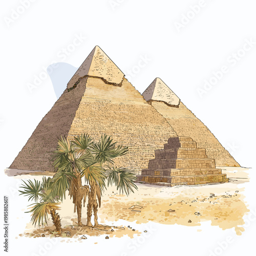 Pyramids of Giza. Pyramids of Giza hand drawn watercolor illustration on white background