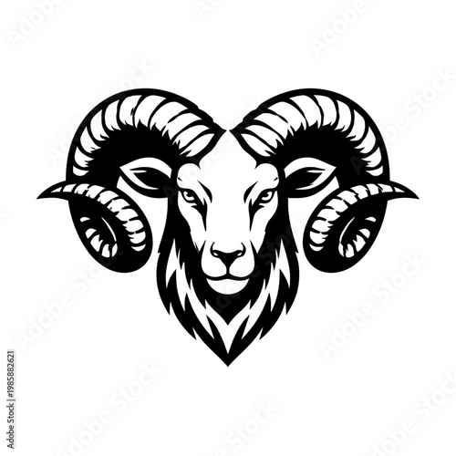 A black and white illustration of a ram's head with large curved horns on a white background