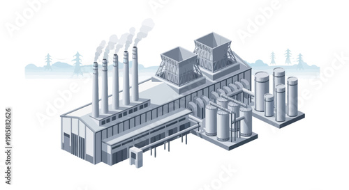 Isometric illustration of an industrial factory complex with smoke stacks, cooling towers, and storage tanks, depicting manufacturing and power generation