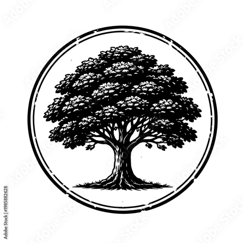 A majestic tree with sprawling branches and lush foliage in a circular frame, symbolizing nature and growth.