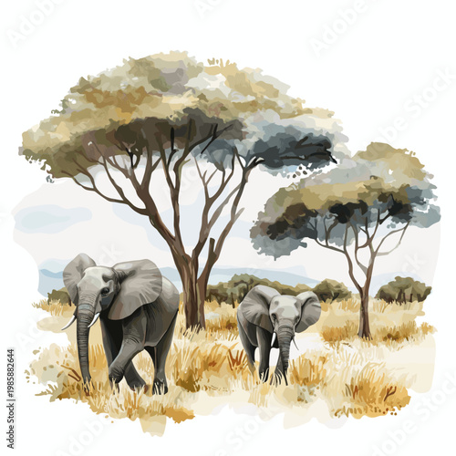 Selous Game Reserve. Selous Game Reserve hand drawn watercolor illustration on white background