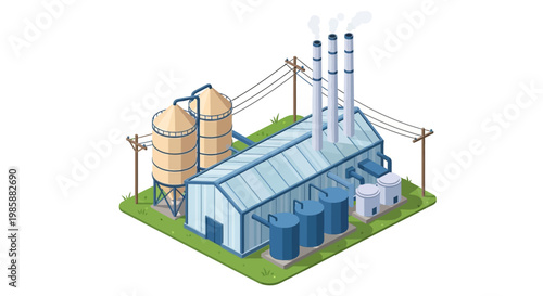 Isometric illustration of an industrial factory with silos, smoking chimneys, and power lines, symbolizing modern manufacturing, energy production, and infrastructure