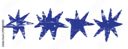 Blue star vector set in linocut style. Hand-drawn indigo celestial elements with grunge texture. Minimalist aesthetic doodle stars for Mediterranean design, stamps, and organic print patterns