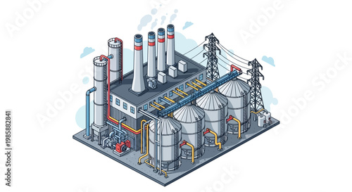 Industrial power plant with silos, chimneys, and transmission towers, representing energy production and manufacturing infrastructure