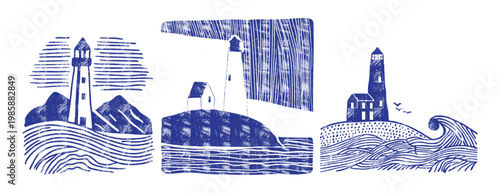 Blue lighthouse set in rustic linocut style. Nautical beacons with ocean waves and coastal islands. Hand-drawn cobalt blockprint illustrations for maritime travel, sea decor, and summer designs