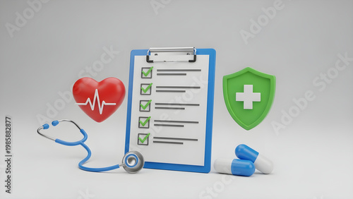 Medical professionals review patient health checklist with stethoscope and pills