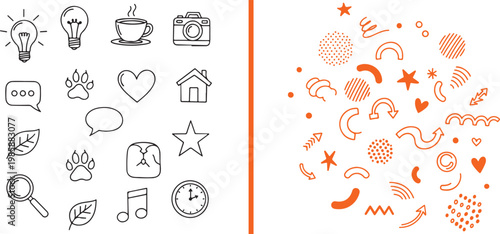 Hand drawn doodle icon set and abstract orange graphic elements collection