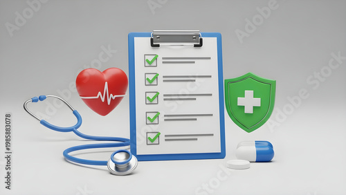 Medical professionals review patient data on clipboard with stethoscope