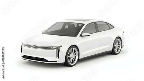 A sleek white car is parked on a clean surface facing left