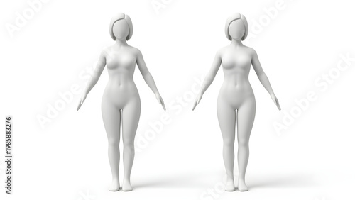 Two female figures stand side by side in a neutral environment