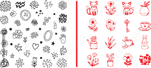 Hand drawn doodle set with black abstract shapes and red nature icons
