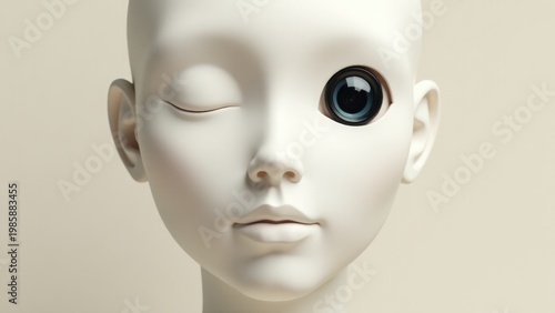 A close-up of a white mannequin head with bright blue glassy eyes