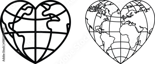 Heart shaped globe world map vector set with black line art and bold outlines for environmental love and global travel.