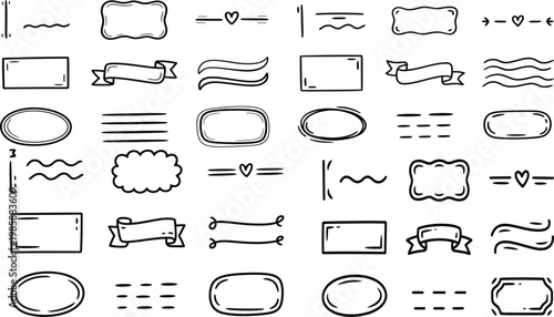 Hand drawn banner and label collection featuring black ink doodle ribbons, frames, hearts, and decorative dividers for creative journaling and designs.