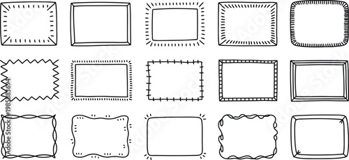 Hand drawn rectangle frame set with black ink doodle borders and decorative sketchy edges for creative photo displays and journaling.