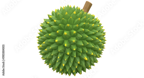 A detailed 3D render of a durian fruit, isolated against a clean white background, showcases its spiky green exterior and brown stem in bright, even lighting, creating a vibrant