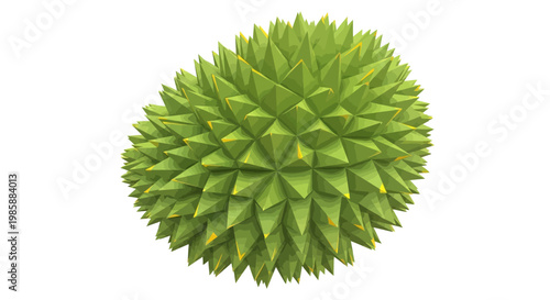 Close-up studio shot of a spiky durian fruit with a textured, geometric rind, showcasing its unique shape and vibrant green color against a plain white background, emphasizing its exotic