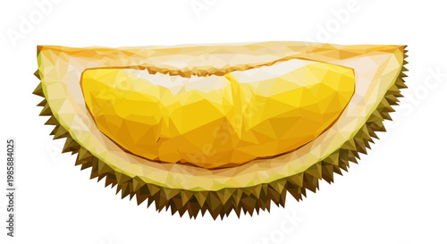 A ripe durian fruit half, showcasing its distinctive yellow pulp and spiky green rind, is presented in a clean, direct studio shot against a stark white background, emphasizing its unique