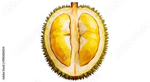 A geometric vector illustration displays a halved durian fruit, revealing its yellow interior segments, set against a clean white background with a focus on polygonal shapes and a modern