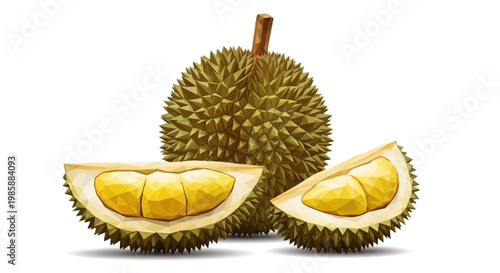 Close-up studio shot of a whole durian and two cross-sections showing the yellow pulp, presented against a stark white background with soft, even lighting, highlighting the fruit's unique