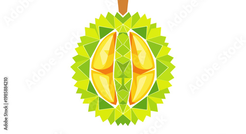 A vibrant, stylized illustration of a durian fruit, sliced open to reveal its yellow flesh, is presented against a stark white backdrop with clean lines and geometric shapes
