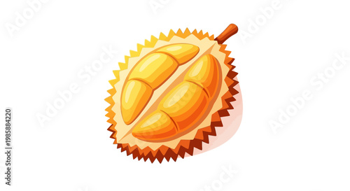 A halved durian fruit with its yellow flesh is presented in a detailed digital illustration, set against a stark white background, conveying a vibrant and tropical mood with graphic