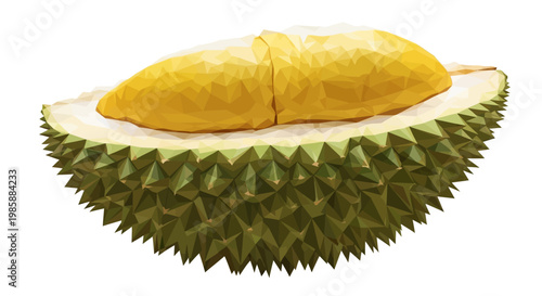 A close-up shot features a vibrant, halved durian with its creamy yellow flesh prominently displayed against a spiky green outer shell, set against a stark white background, evoking a fresh