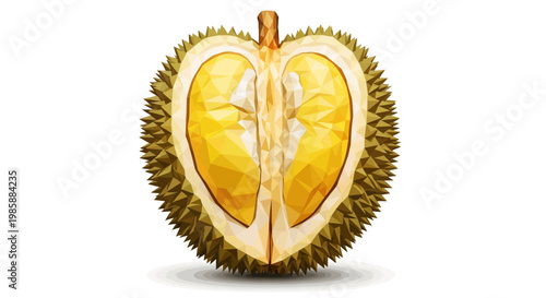 A halved durian fruit, revealing its yellow flesh and seeds, sits centered against a stark white backdrop in a brightly lit studio shot that highlights the fruit's unique texture and form