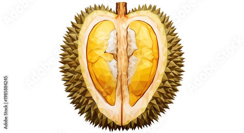 Detailed watercolor illustration of a halved durian fruit, revealing its creamy yellow flesh and spiky outer shell, set against a clean white background that emphasizes its unique texture