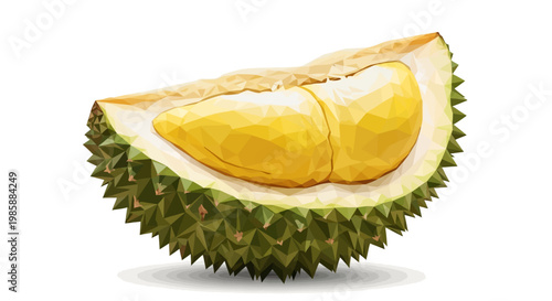 Isolated, side-view illustration of a durian cut in half, revealing the yellow flesh, set against a clean white background, rendered in a flat, graphic style with sharp details and vibrant