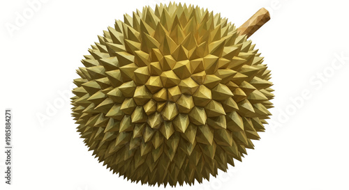 Isolated durian fruit with its distinctive spiky outer shell is showcased in a studio shot against a plain white backdrop, emphasizing its unique texture and golden-yellow color in a simple