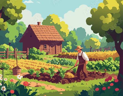 Male farmer working in a vegetable garden near a wooden cabin. Flat vector illustration of a healthy lifestyle with organic food and beautiful summer rural landscape. Countryside scene with plants.