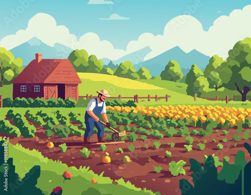 Male farmer working on a vegetable field near a small farm house and mountains. Flat vector illustration of agriculture, organic gardening and rural landscape. Sunny summer day in the countryside.