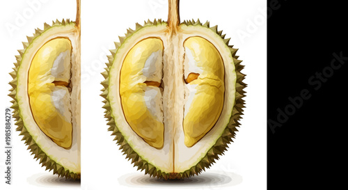 A halved durian fruit reveals its creamy yellow flesh and seeds in a close-up studio shot with even lighting, showing the texture of its spiky outer shell against a stark white background
