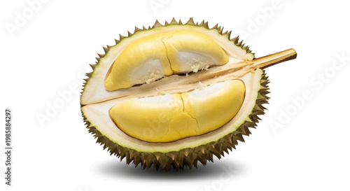 Studio shot showcasing a halved durian fruit revealing its creamy yellow segments, set against a stark white background with soft, diffused lighting to highlight its unique texture
