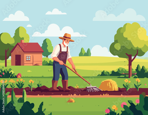Male farmer working in a vegetable garden near a wooden cabin. Flat vector illustration of a healthy lifestyle with organic food and beautiful summer rural landscape. Countryside scene with plants.