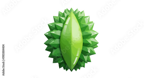 A geometric green durian fruit design is presented in a studio shot with a clean white background, featuring sharp polygonal details and a minimalist aesthetic conveying a modern