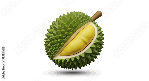 A textured durian fruit, partially cut open to reveal the yellow flesh, sits against a plain white background in a studio shot with soft lighting that emphasizes its unique, spiky texture