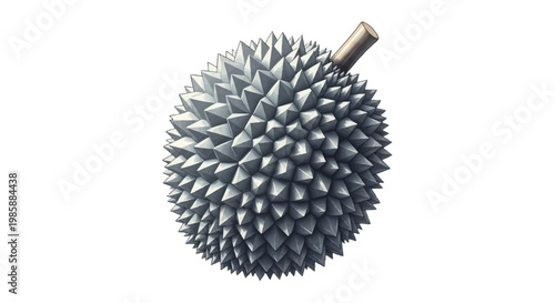 Digitally-rendered durian fruit with a spiky rind is presented in a minimalist style, displayed on a plain white background, creating a clean and modern still life with cool, silvery tones