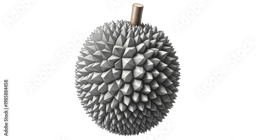 Isolated against a clean white backdrop, a detailed 3D render presents a durian fruit with a spiky exterior and short stem, showcasing its unique texture in neutral gray tones and a studio