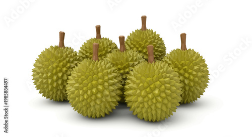 A group of spiky durian fruits are arranged in a tight cluster, presented in a studio shot with even lighting and a shallow depth of field, set against a stark white background