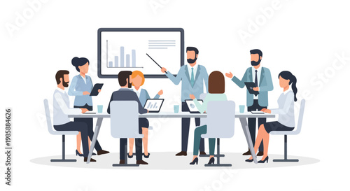 A group of professional business people are conducting a meeting in a modern office, with one man presenting data on a large digital screen.