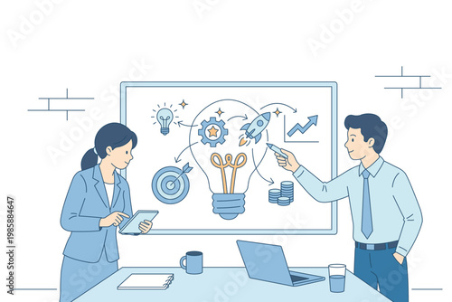 Successful business presentation and innovation concept. Man and woman characters discussing project growth, target and creative solution on whiteboard. Corporate teamwork collaboration and planning.