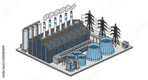 Industrial Power Plant with Cooling Towers, Steam Plumes, and Transmission Lines A Visual Representation of Energy Production and Infrastructure